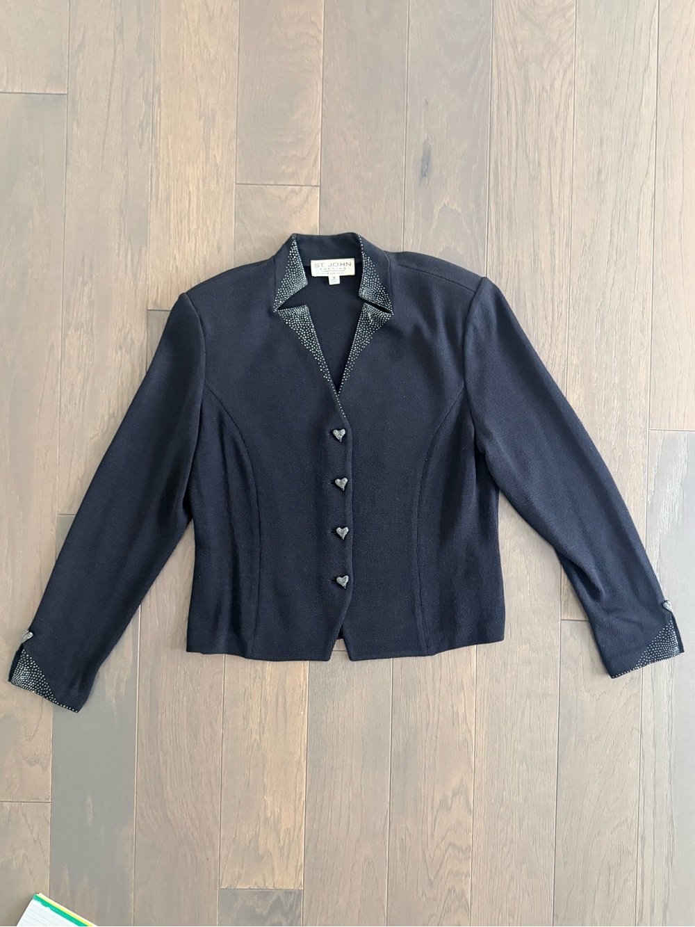 St. John Evening By Marie Gray Black Knit Jacket Heart Buttons - Size 12